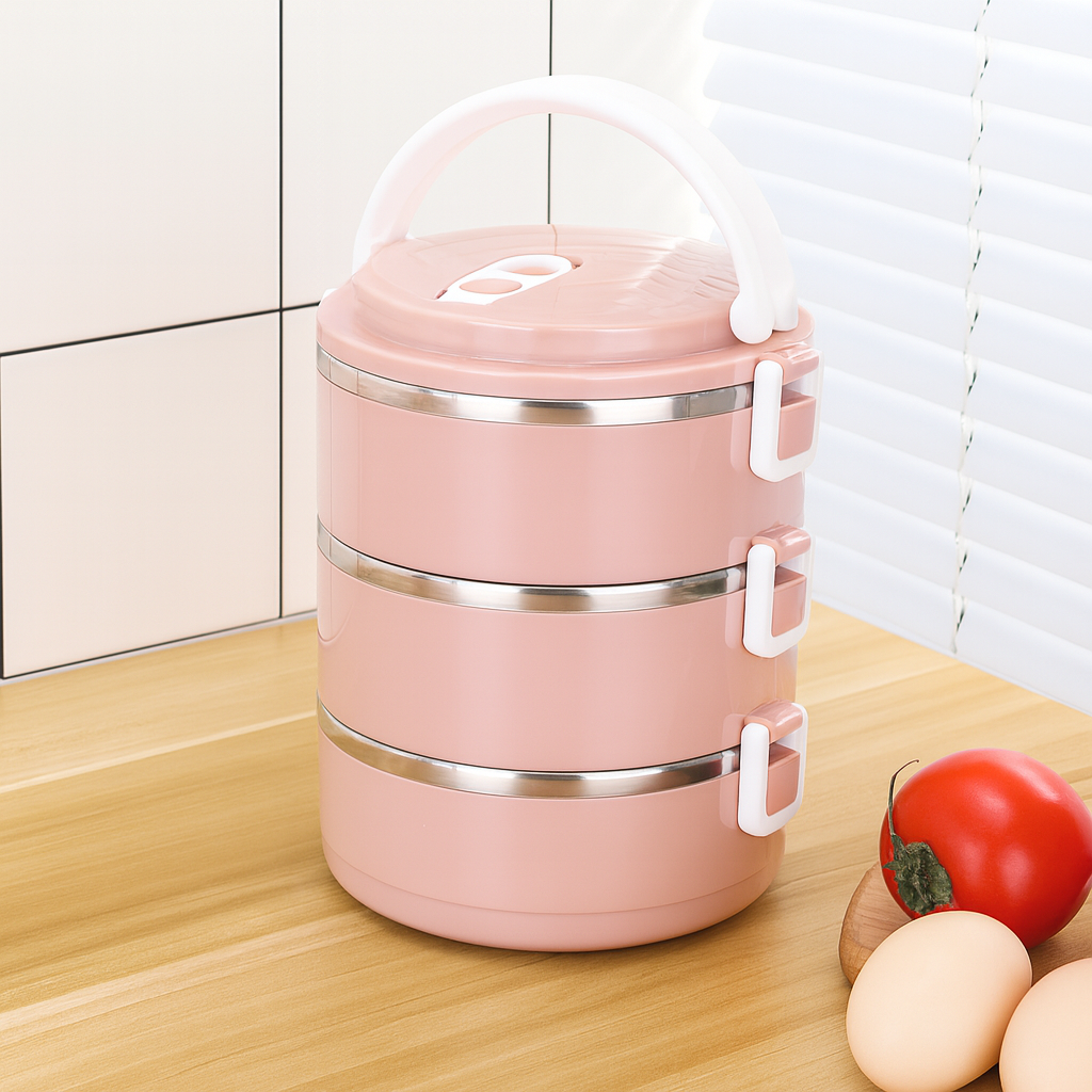 Round Vacuum Stainless Steel Lunch Box – 3 Layer (Multi-Color)