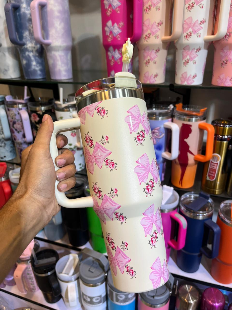 40oz Premium Stainless Steel Tumbler with Handle & Straw – Insulated Hot & Cold | Multiple Colors & Patterns